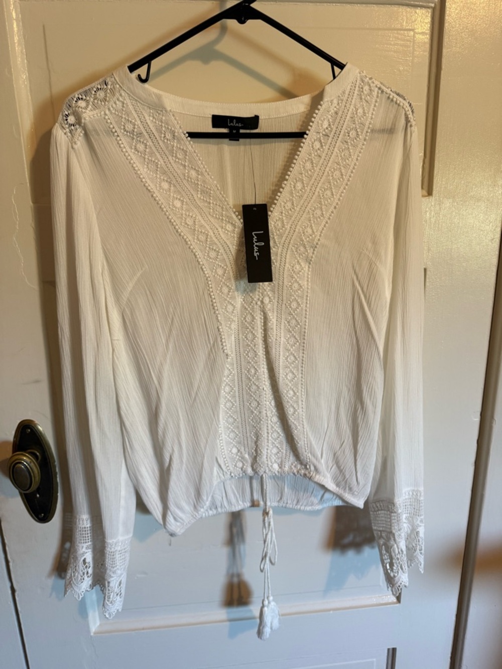 Lulu's White Embroidered V-Neck Lace Cuff Peasant Blouse - Picture 2 of 6